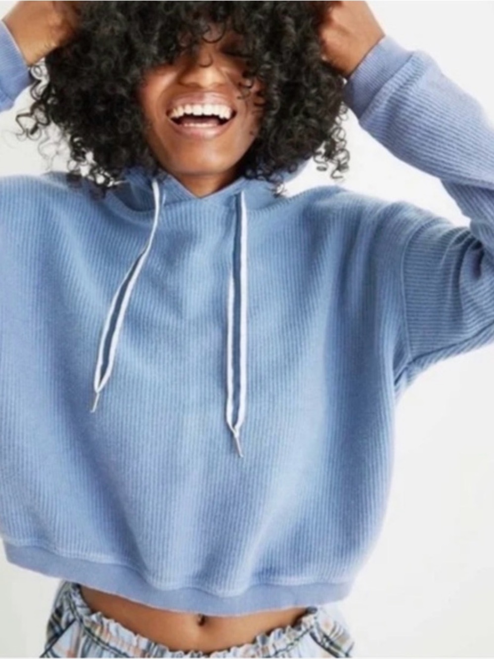 Aerie Blue Ribbed‎ Hoodie Small 100% Cotton Cropped Lounge Sweatshirt